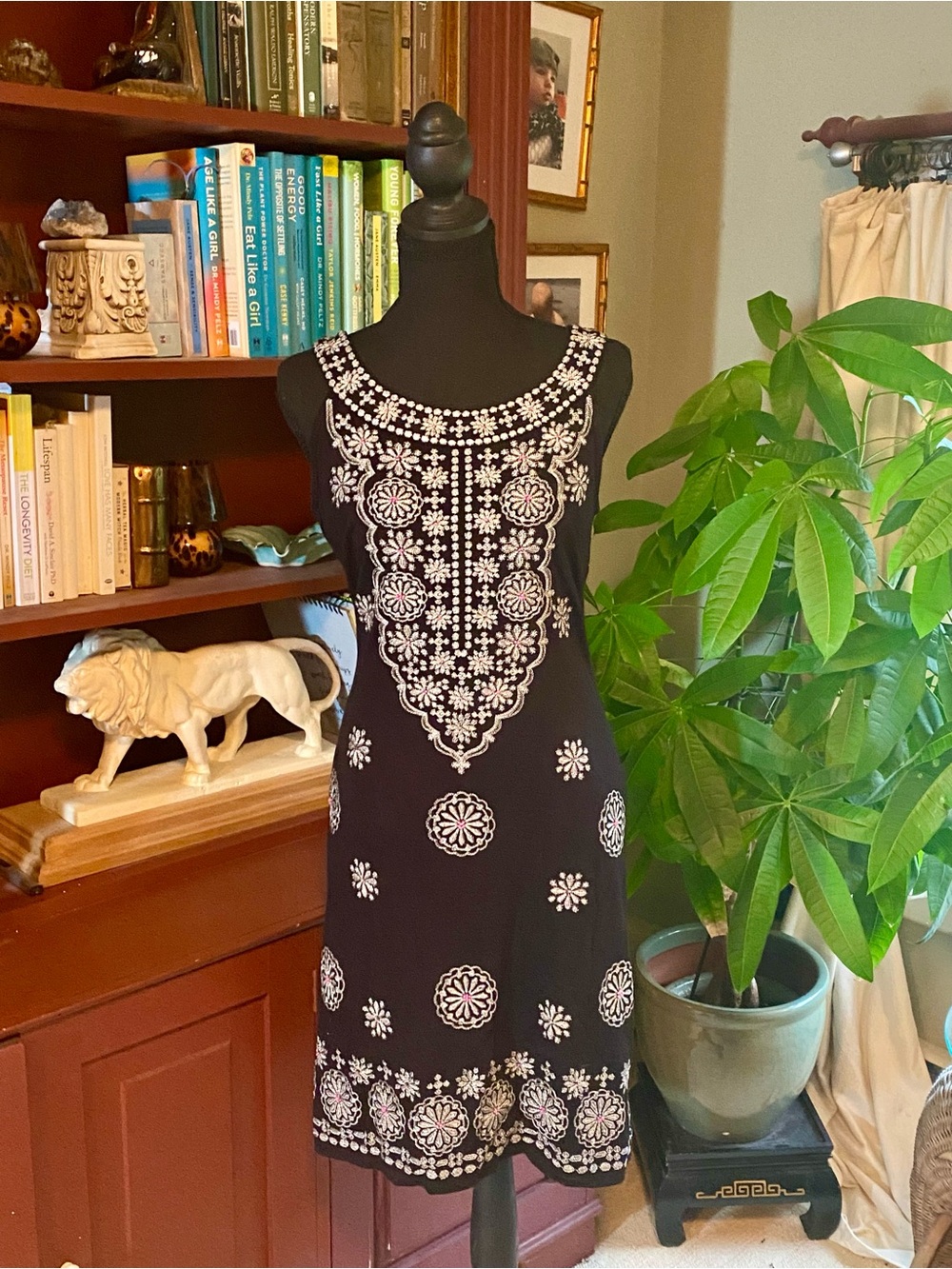 INC International Concepts Black Sleeveless Mini Dress with White Embroidery